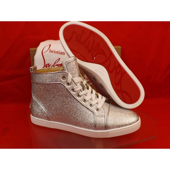 NIB LOUBOUTIN BIP BIP SILVER ORLATO FLAT LUREX LEATHER HI TOP SNEAKERS 39.5 - Picture 9 of 12
